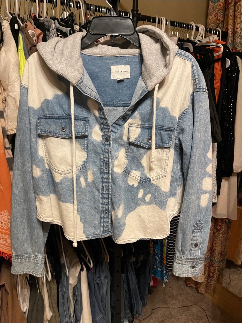 American Eagle Blue Denim Jacket with Gray Hood Lining